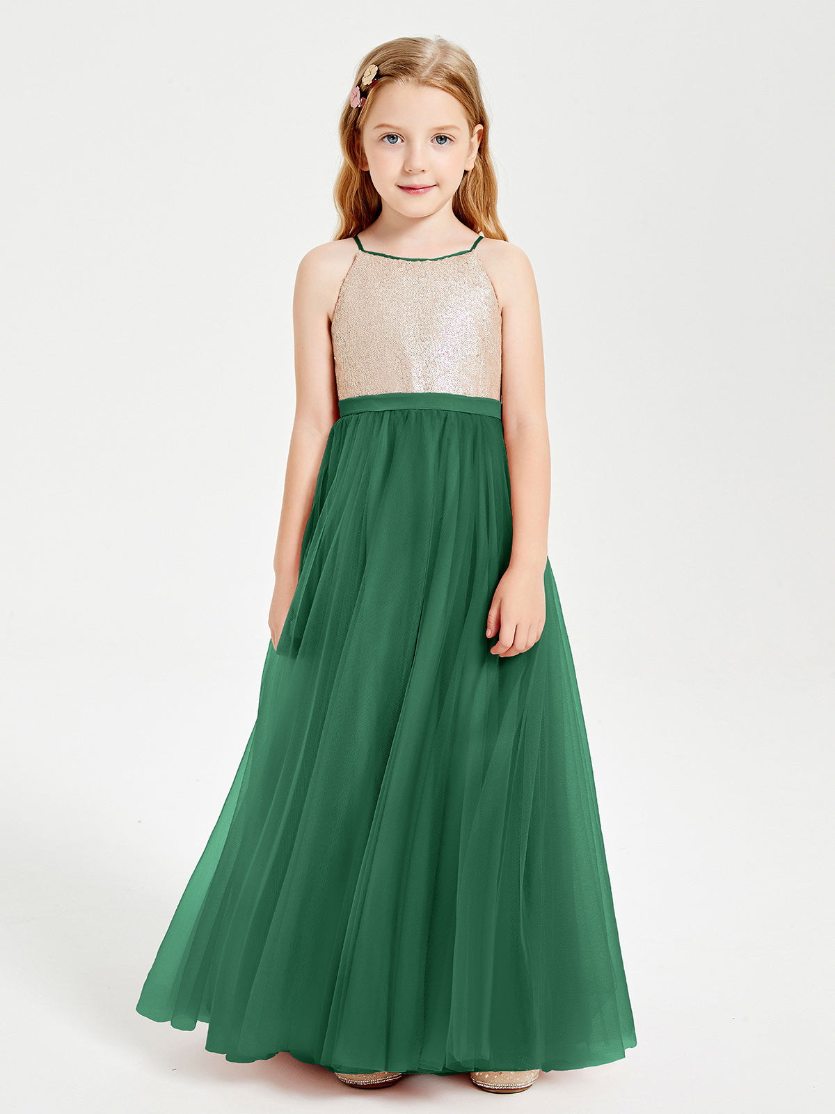 Sequined Top Long Tulle Junior Bridesmaid Gown Dark Green